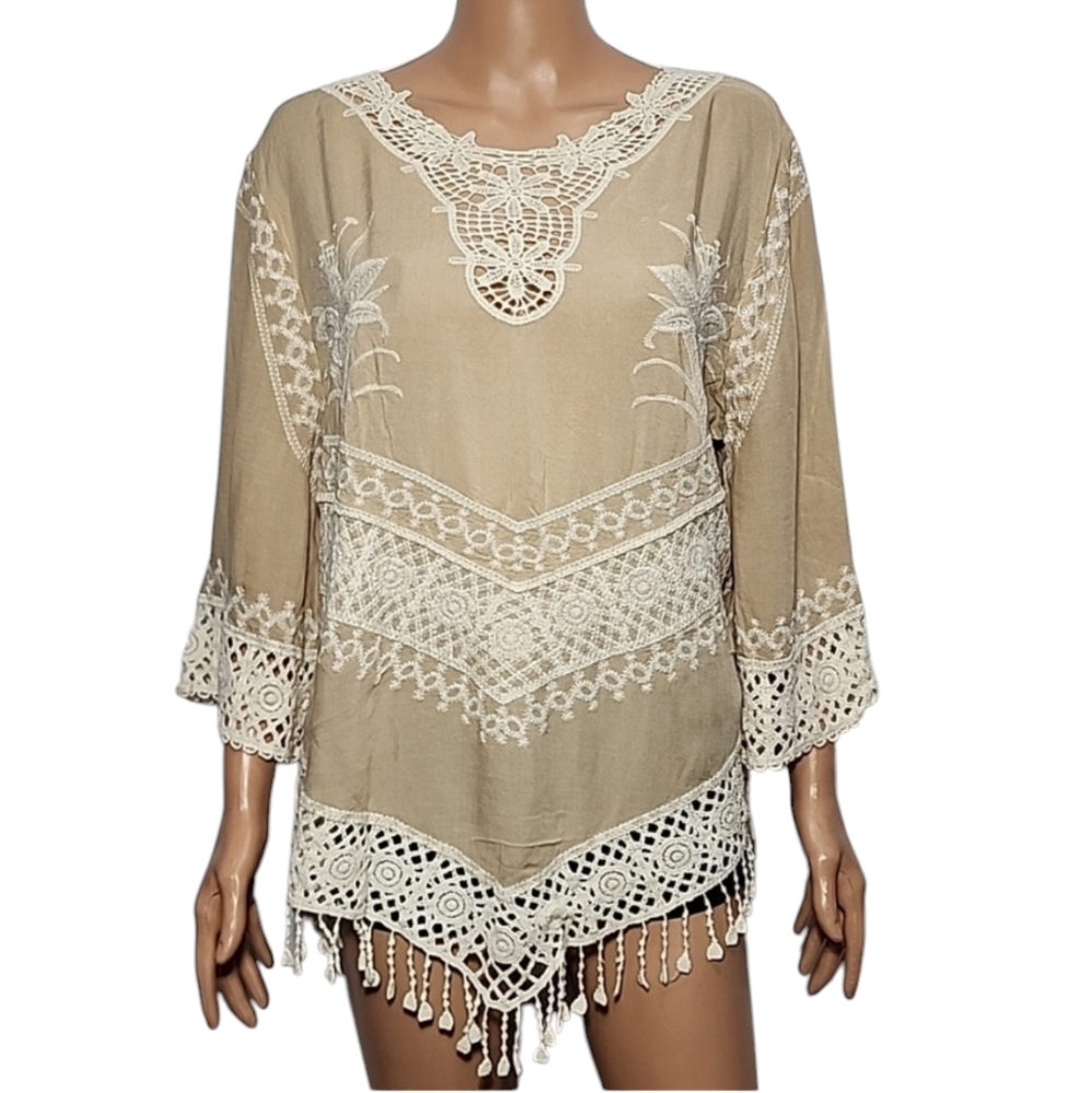 Solitaire Women's Size L Tan/Beige Blouse Hippie Boho Bohemian Blouse